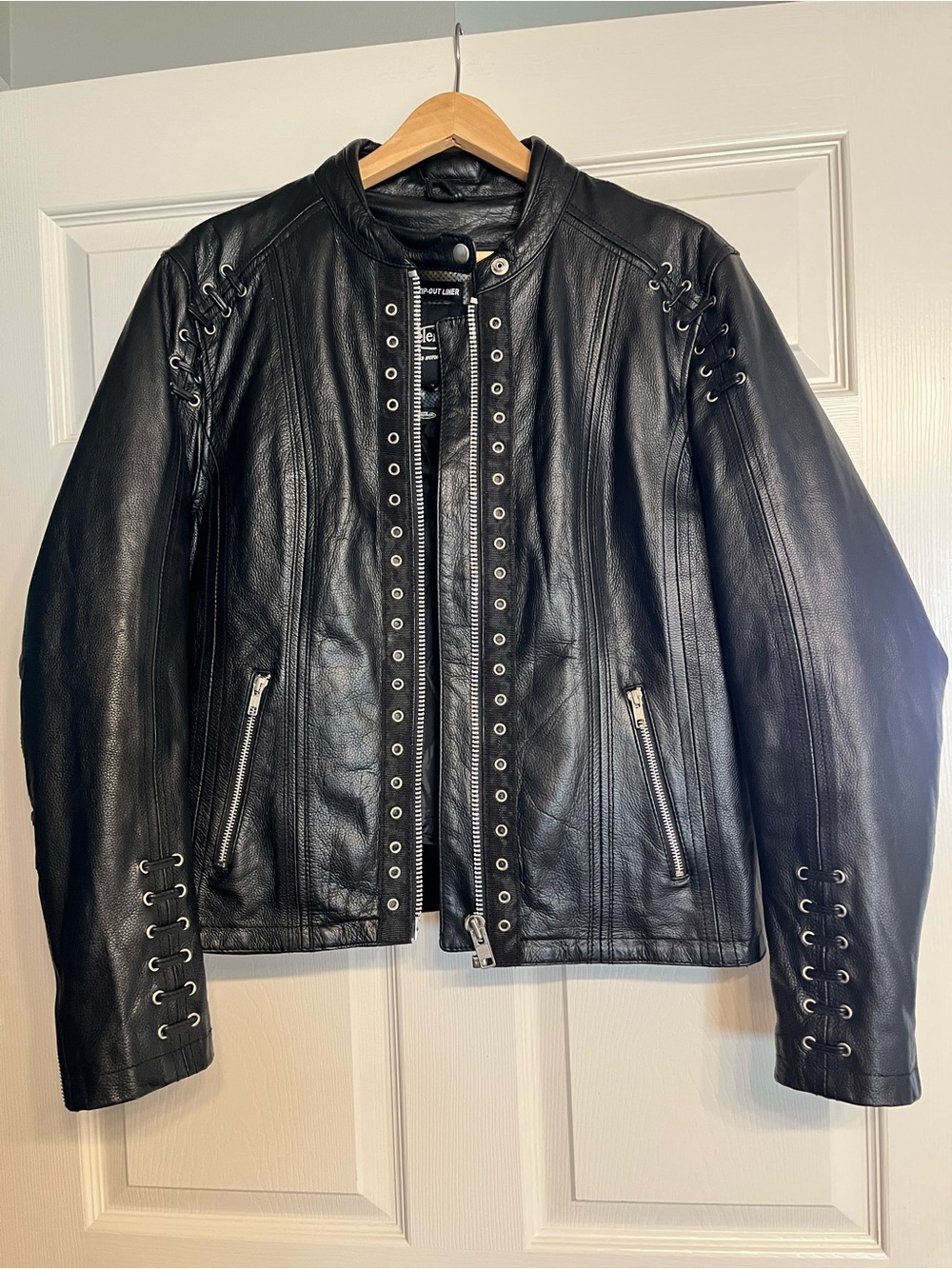 XElement Black Leather Eyelet Lace-Up Biker Jacket